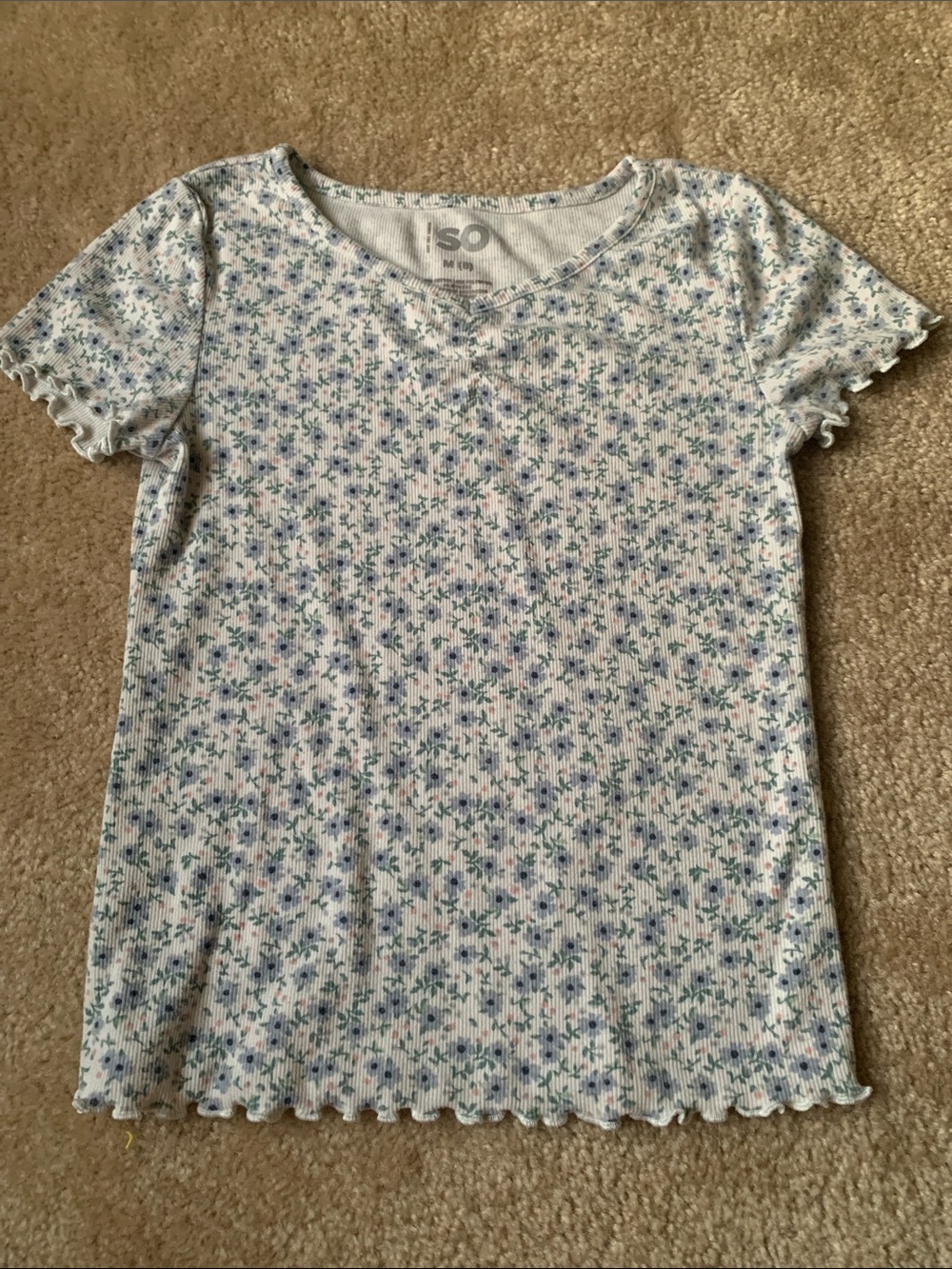SO White Ribbed Short Sleeve Top with Blue Floral Print Girls Medium (8)